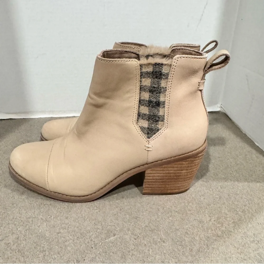 Toms Women Everly Plaid Cutout Block Heel Booties Size 8.5 In Color Sand